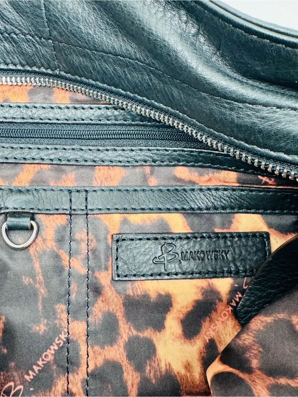 B. Makowsky Black Leather Hobo Bag with silver hardware. Soft, supple leather.